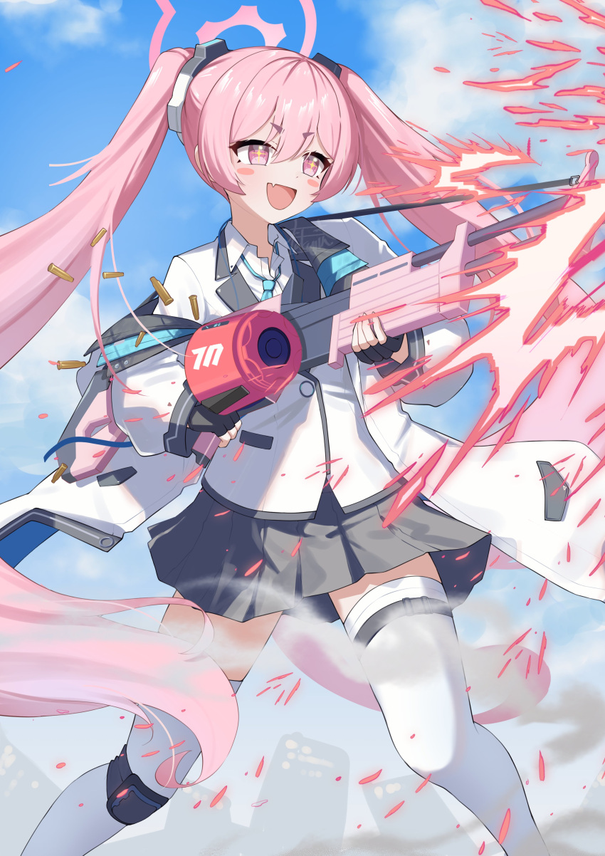 +_+ absurdres blue_archive blush_stickers bullet commentary_request drum_magazine fang firing fukujin gun hair_between_eyes hair_ornament halo highres jacket koyuki_(blue_archive) long_hair machine_gun magazine_(weapon) pink_eyes pink_hair school_uniform sky smoke twintails weapon