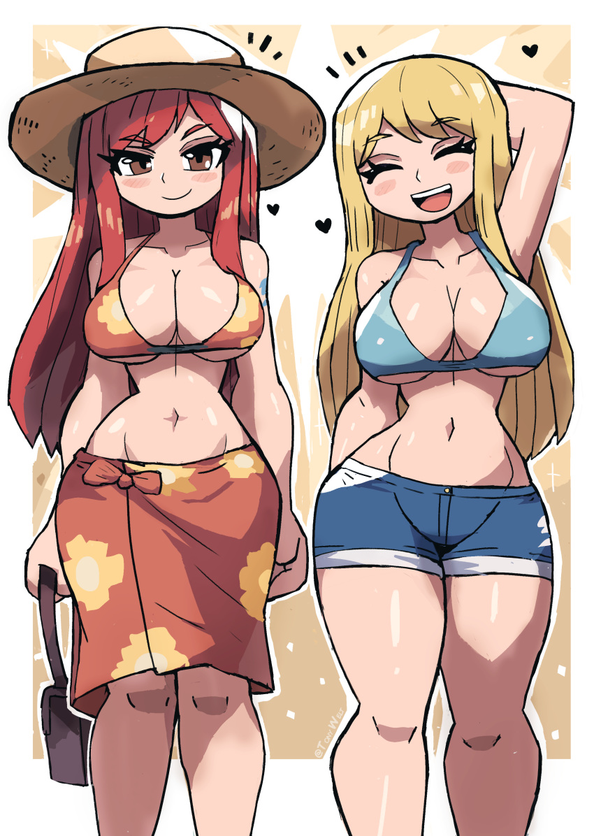 2girls absurdres bikini bikini_top_only blonde_hair breasts brown_hair cleavage closed_eyes erza_scarlet fairy_tail heart highres large_breasts long_hair looking_at_viewer lucy_heartfilia multiple_girls narrow_waist navel red_hair sarong short_shorts shorts swimsuit tony_welt wide_hips