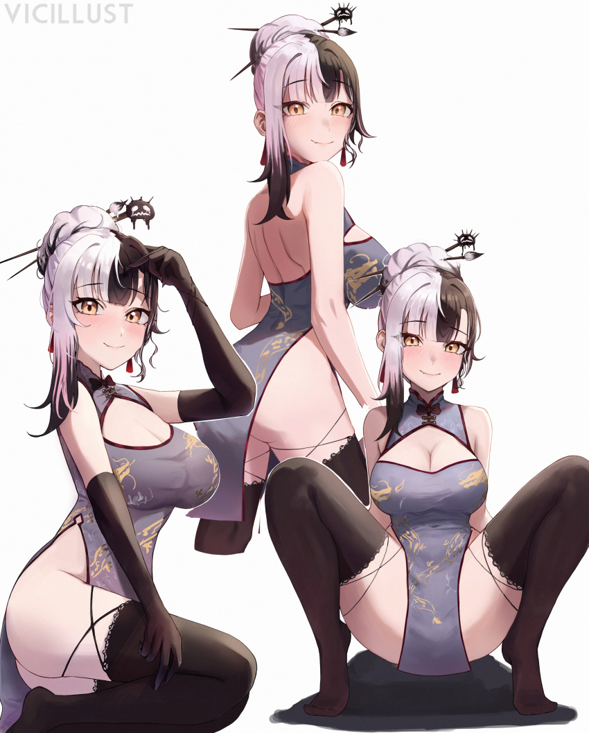 1girl absurdres back bare_shoulders black_gloves black_hair black_thighhighs breasts china_dress chinese_clothes cleavage cleavage_cutout closed_mouth clothing_cutout dragon_print dress elbow_gloves from_behind from_side gloves grey_dress grey_hair hair_bun hair_ornament hair_stick highres hololive hololive_english kiss large_breasts long_hair looking_at_viewer multicolored_hair multiple_views red_trim shadow shiori_novella simple_background single_hair_bun sitting smile split-color_hair spread_legs squatting thighhighs tiptoe_kiss tiptoes vicarious virtual_youtuber white_background yellow_eyes yokozuwari