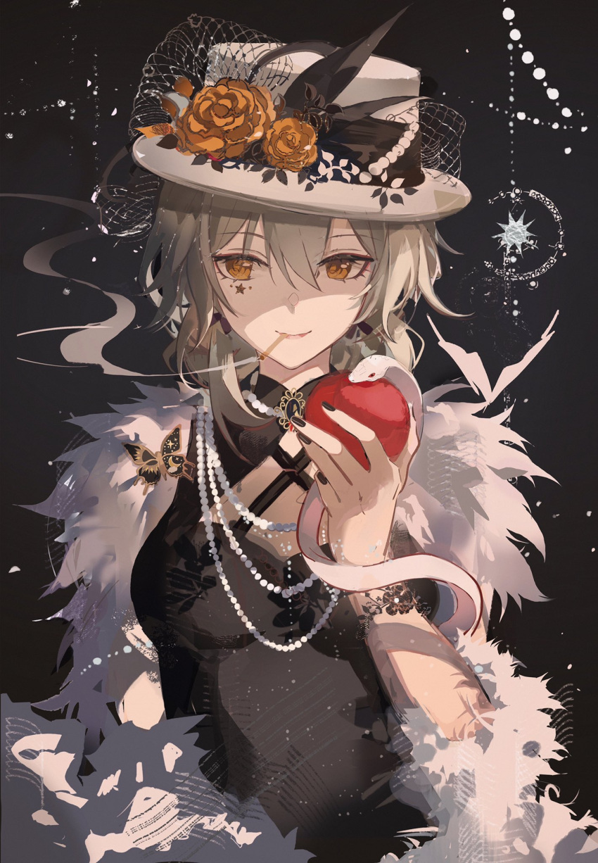 1girl alternate_costume apple black_background black_dress black_nails closed_mouth dress english_commentary food fruit fur_trim grey_hair hat highres holding holding_food holding_fruit honkai:_star_rail honkai_(series) looking_at_viewer smile solo stelle_(honkai:_star_rail) trailblazer_(honkai:_star_rail) upper_body yellow_eyes zerotabi1210