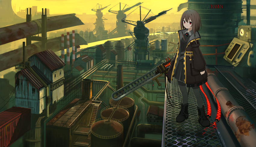 1girl absurdres boots breasts brown_hair building cityscape closed_mouth commentary_request factory hair_between_eyes hair_ornament highres hin'yari_(kakukuru) jacket looking_at_viewer original pantyhose red_eyes river sky small_breasts solo standing weapon