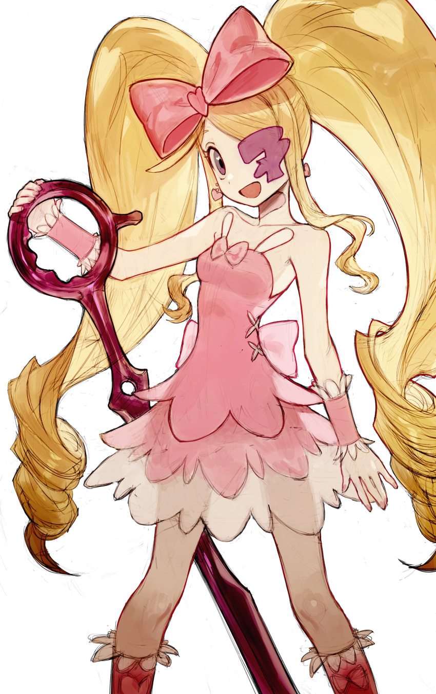 1girl absurdres bare_shoulders big_hair blonde_hair boots bow breasts commentary dress drill_hair earrings eyepatch feet_out_of_frame fingernails grey_eyes harime_nui heart heart_earrings heart_in_eye highres huge_bow jewelry kill_la_kill layered_dress legs_apart long_hair looking_at_viewer nail_polish one_eye_covered open_mouth p_(pm_611a) pink_bow pink_dress pink_footwear pink_nails scissor_blade_(kill_la_kill) simple_background small_breasts smile solo standing strapless strapless_dress symbol_in_eye twin_drills twintails very_long_hair white_background wrist_cuffs