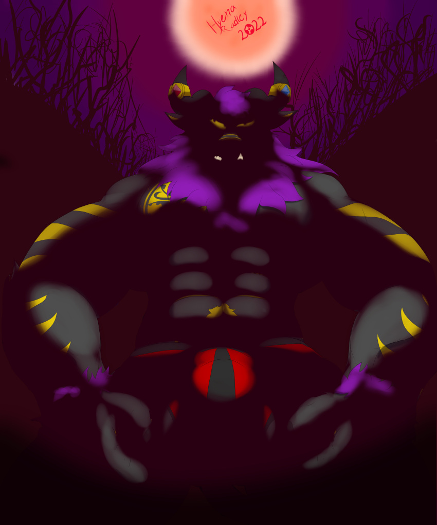 5:6 abs absurd_res anthro bastian_b._hemoth biceps blood_moon bulge chest_tattoo clothed clothing darkness forest genitals hi_res horn horn_jewelry horn_ring hybrid hyenaradley jewelry looking_at_viewer male mane moon muscular muscular_anthro muscular_male nipples pecs plant ring_(jewelry) solo striped_body stripes tattoo tree underwear