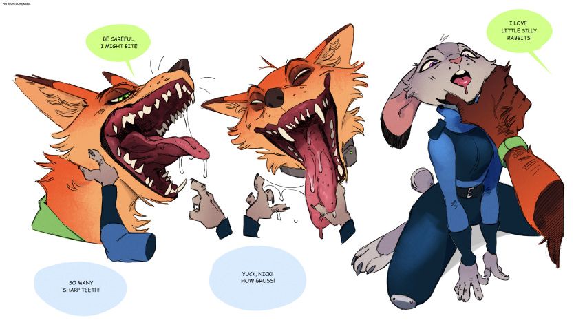 16:9 anthro bodily_fluids canid canine comic dialogue disney drooling duo english_text female fox hi_res judy_hopps ksejl lagomorph leporid male male/female mammal mawplay mouth_shot nick_wilde open_mouth predator/prey prey_pov rabbit saliva saliva_string sharp_teeth teeth text tongue tongue_grab tongue_out widescreen zootopia