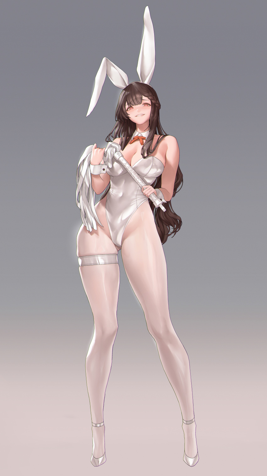 1girl absurdres breasts brown_hair cat_o'_nine_tails cleavage detached_collar evil_smile full_body gradient_background gstiyl high_heels highres large_breasts leotard long_hair original pantyhose pink_eyes playboy_bunny red_ribbon ribbon simple_background smile solo standing thigh_strap whip white_footwear white_leotard white_pantyhose wrist_cuffs