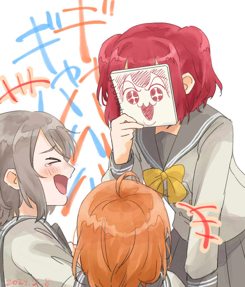 &gt;_&lt; +++ 3girls ahoge akisuteno_(akisuteno49) bow bowtie commentary commentary_request cyaron_(love_live!) dated grey_hair grey_sailor_collar grey_skirt highres holding holding_sketchbook kurosawa_ruby laughing long_sleeves looking_at_another love_live! love_live!_sunshine!! multiple_girls open_mouth orange_hair pleated_skirt red_hair rina-chan_board sailor_collar school_uniform short_hair sidelocks sketchbook skirt takami_chika tears upper_body uranohoshi_school_uniform watanabe_you white_background winter_uniform yellow_bow yellow_bowtie