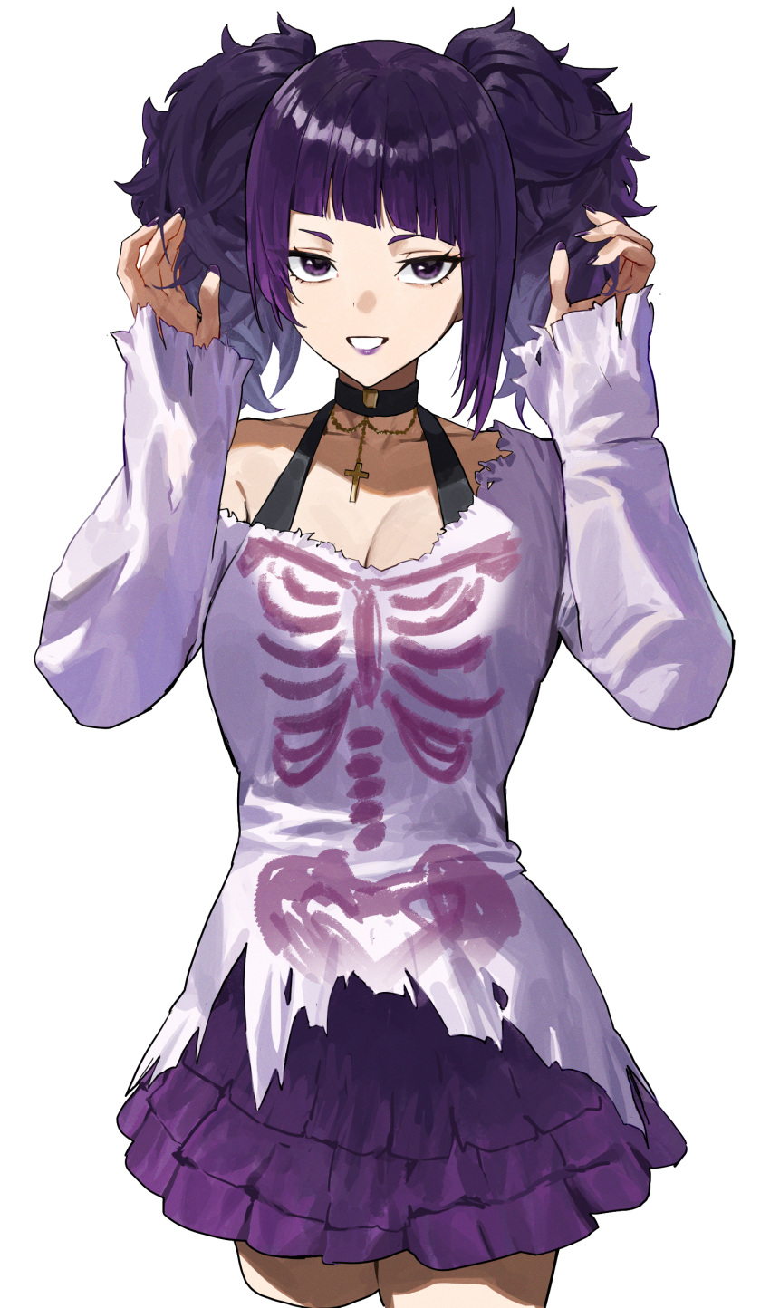 1girl absurdres black_choker breasts choker cleavage collarbone cropped_legs cross cross_necklace diagonal_bangs fingernails hands_up highres idolmaster idolmaster_shiny_colors jewelry kosubi_(tsuneta328) lipstick long_fingernails long_sleeves looking_at_viewer makeup nail_polish necklace open_mouth purple_eyes purple_hair purple_lips purple_nails purple_shirt purple_skirt shirt short_twintails simple_background skeleton_print skirt tanaka_mamimi torn_clothes torn_shirt twintails white_background
