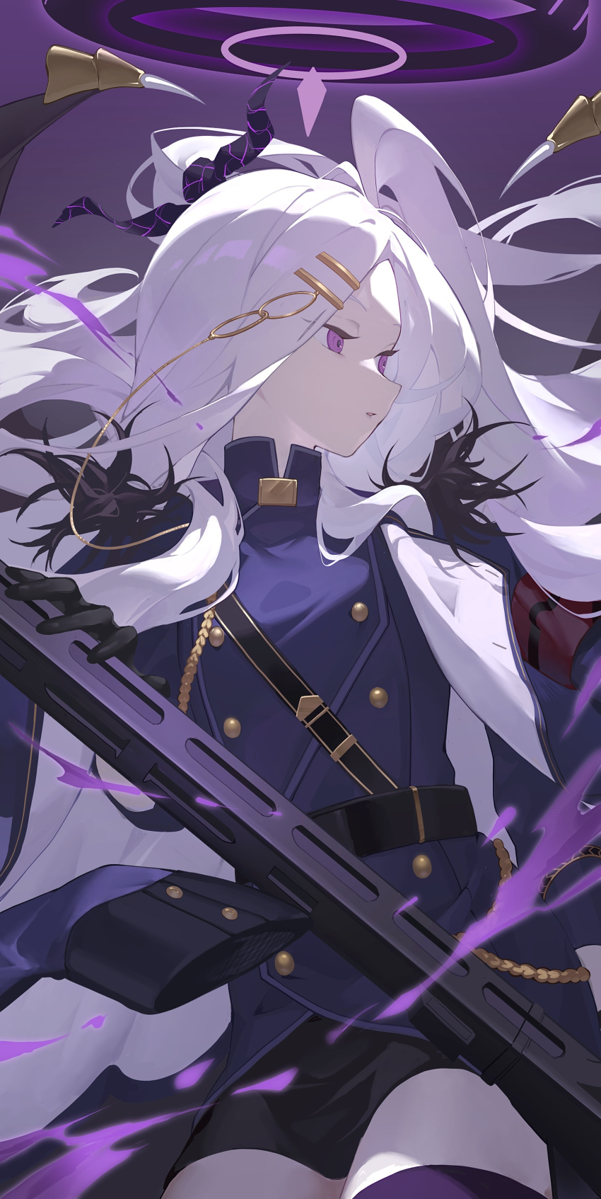 1girl absurdres black_coat black_gloves black_horns black_thighhighs blue_archive coat coat_on_shoulders cowboy_shot demon_horns gloves gun halo highres hina_(blue_archive) holding holding_gun holding_weapon horns iwashi_111 long_hair long_sleeves multiple_horns open_mouth purple_eyes solo thighhighs very_long_hair weapon white_hair