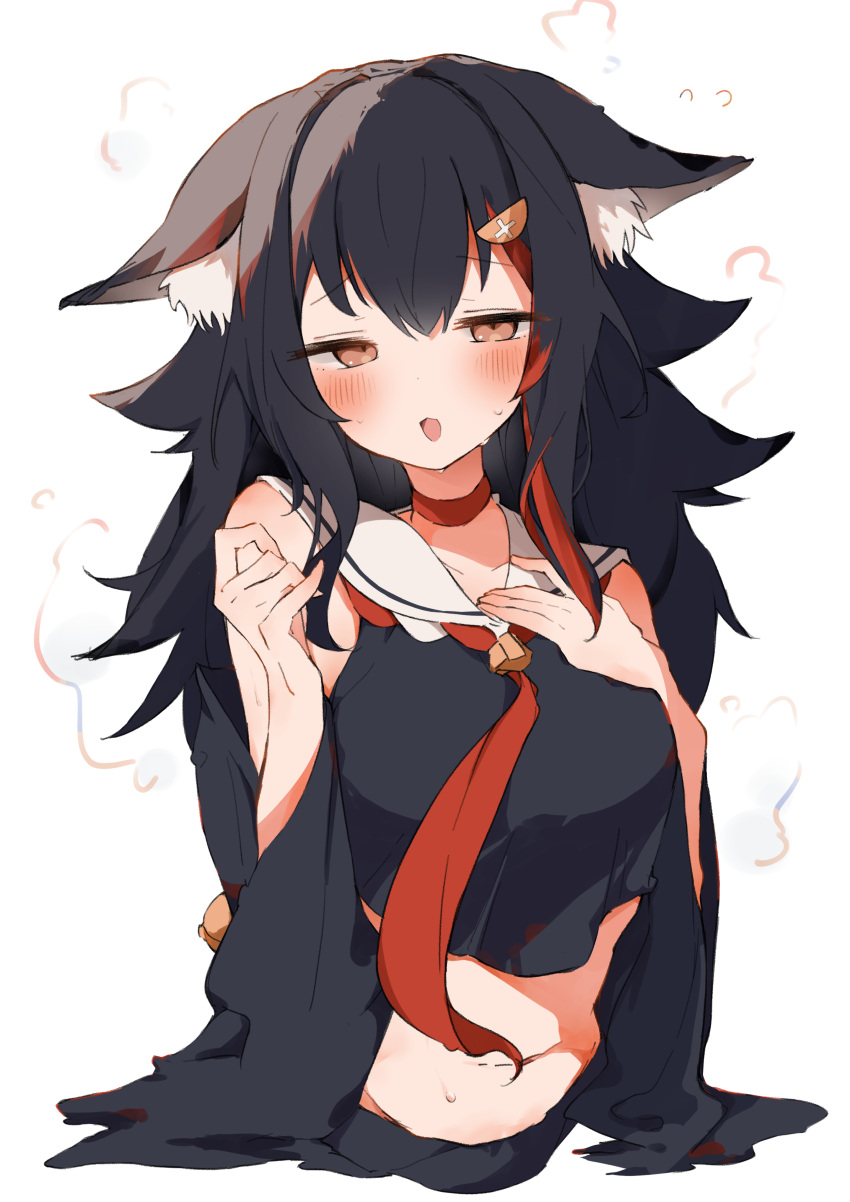 1girl absurdres animal_ears black_hair black_shirt blush brown_eyes commentary_request hand_on_own_chest highres hololive multicolored_hair navel ookami_mio open_clothes red_hair sailor_collar shirt simple_background smile solo streaked_hair tntl_nemui upper_body virtual_youtuber white_background white_sailor_collar wolf_ears wolf_girl