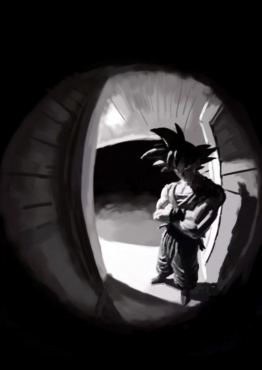 1boy absurdres black_hair crossed_arms door dougi dragon_ball fisheye full_body greyscale highres ii_(wired_) looking_at_viewer male_focus monochrome pov_peephole sidelighting solo son_goku spiked_hair standing vignetting