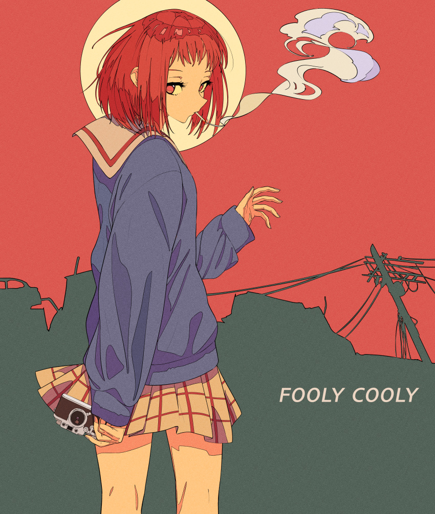 1girl absurdres brown_eyes camera cigarette flcl highres holding holding_camera long_sleeves looking_at_viewer plaid plaid_skirt power_lines red_hair sailor_collar samejima_mamimi school_uniform semham short_hair skirt smoking solo