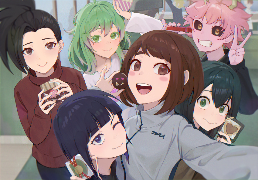 3boys 6+girls ashido_mina asui_tsuyu black_eyes black_hair black_jacket boku_no_hero_academia brown_eyes brown_hair brown_sweater chocolate colored_skin cookie food green_eyes green_hair grey_jacket hagakure_tooru hand_up highres holding holding_food indoors jacket jirou_kyouka kaminari_denki long_earlobes looking_at_viewer matsumotoshinnnosuke mineta_minoru multiple_boys multiple_girls one_eye_closed pink_hair pink_skin smile sweater todoroki_shouto track_jacket unusually_visible uraraka_ochako v white_sweater yaoyorozu_momo