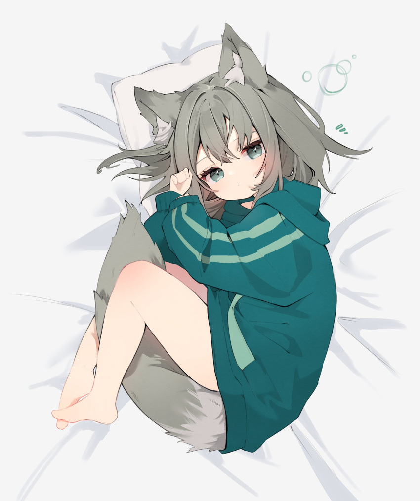 1girl animal_ear_fluff animal_ears barefoot bed between_legs brm_1925 brown_eyes brown_hair commission expressionless feet fetal_position fox_ears fox_girl fox_tail green_jacket highres jacket legs looking_at_viewer lying no_pants on_side original pillow short_hair skeb_commission sleepy solo tail tail_between_legs thighs toes