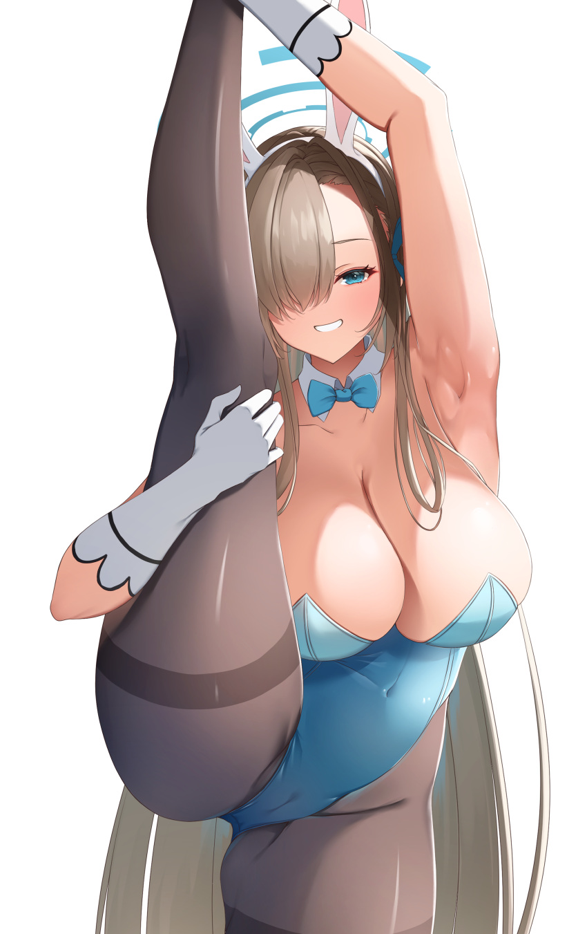 1girl absurdres animal_ears asuna_(blue_archive) asuna_(bunny)_(blue_archive) asymmetrical_bangs black_pantyhose blue_archive blue_bow blue_bowtie blue_eyes blue_leotard bow bowtie breasts cleavage collarbone commentary_request covered_navel detached_collar elbow_gloves fake_animal_ears flexible gloves hair_over_one_eye halo highleg highleg_leotard highres huge_breasts leg_lift leotard light_brown_hair long_hair looking_at_viewer official_alternate_costume oimo_imoya pantyhose parted_lips playboy_bunny rabbit_ears smile split standing standing_on_one_leg standing_split strapless strapless_leotard thighband_pantyhose thighs traditional_bowtie very_long_hair white_background white_gloves