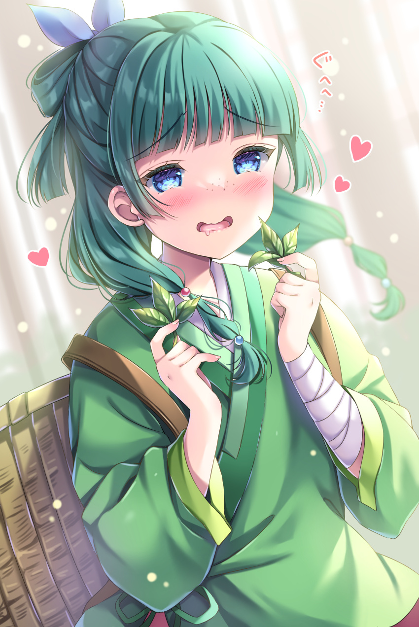 1girl :d absurdres bandaged_arm bandages basket blue_eyes blue_ribbon blurry blurry_background blush bow-shaped_hair chinese_clothes commentary_request depth_of_field drooling freckles green_hair hair_ribbon hanfu heart highres holding holding_leash kouta. kusuriya_no_hitorigoto leash long_hair long_sleeves maomao_(kusuriya_no_hitorigoto) puffy_long_sleeves puffy_sleeves ribbon smile solo translation_request