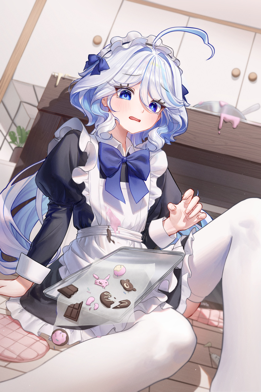 1girl absurdres ahoge alternate_costume apron baking black_dress blue_eyes blue_hair chabi009 chocolate clumsy dress drop-shaped_pupils english_commentary enmaided furina_(genshin_impact) genshin_impact grey_hair hair_between_eyes heterochromia highres indoors juliet_sleeves long_hair long_sleeves maid maid_apron maid_headdress mismatched_pupils multicolored_hair open_mouth puffy_sleeves short_dress sitting solo spill thighhighs tray tripping valentine very_long_hair white_thighhighs