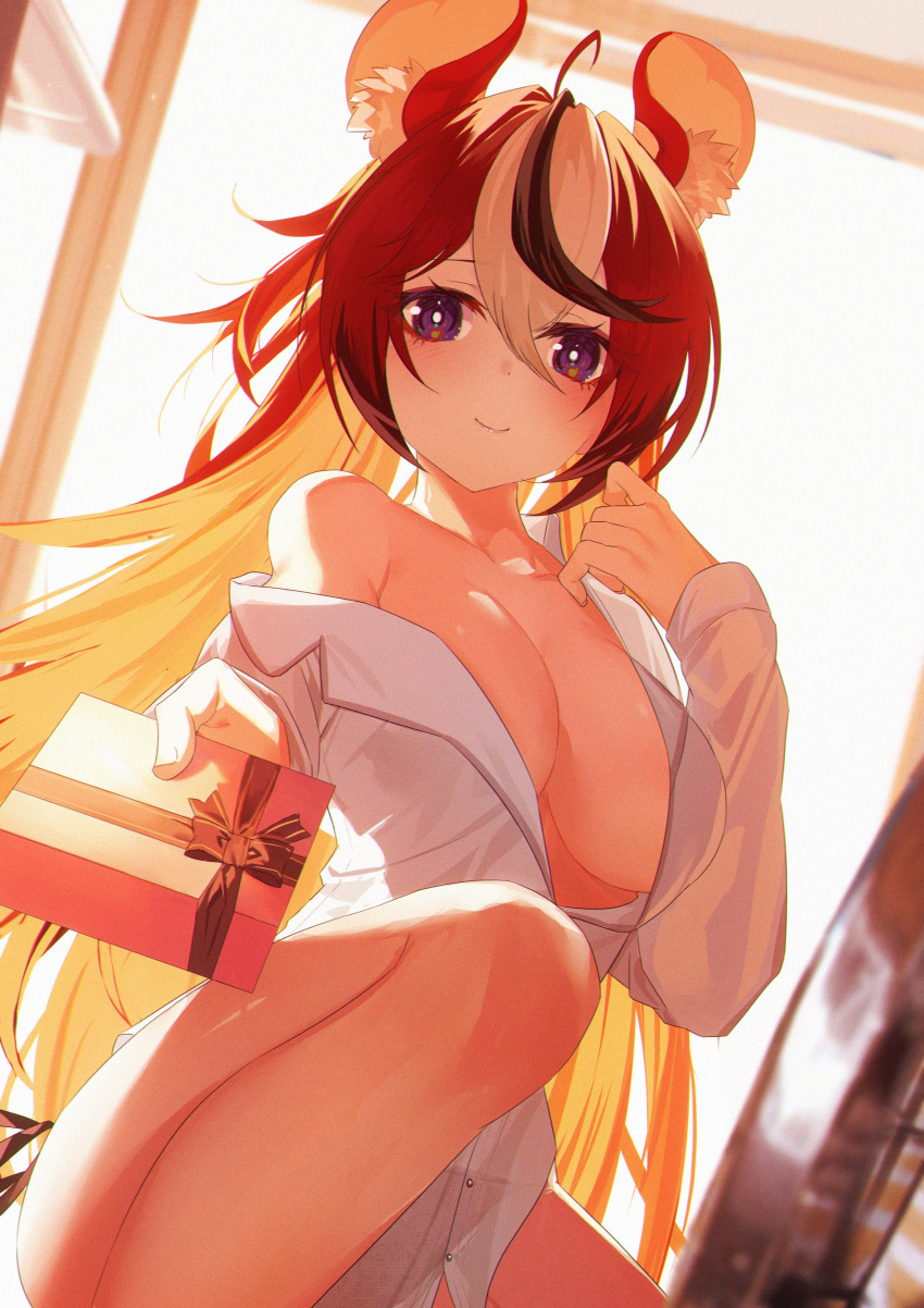 1girl absurdres animal_ears blue_eyes blush box breasts cleavage closed_mouth collared_shirt gift gift_box hair_between_eyes hakos_baelz highres hololive hololive_english jiang_ye_kiri long_hair looking_at_viewer medium_breasts morning mouse_ears mouse_girl mouse_tail multicolored_hair naked_shirt no_bra open_clothes open_shirt red_hair shirt single_bare_shoulder smile solo streaked_hair tail valentine virtual_youtuber white_shirt