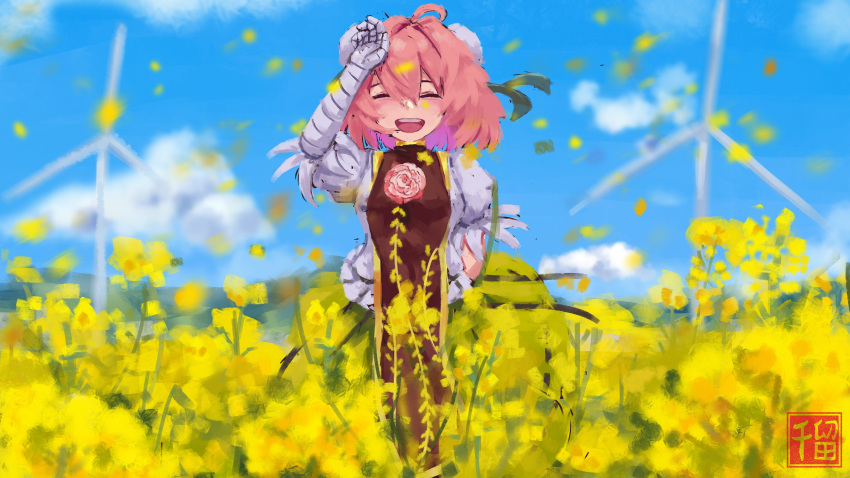 1girl absurdres ahoge arm_up bandaged_arm bandages blue_sky breasts brown_tabard bun_cover closed_mouth day facing_viewer frilled_shirt frills gold_trim green_skirt hair_between_eyes hand_on_own_forehead highres ibaraki_kasen open_mouth outdoors pink_hair puffy_short_sleeves puffy_sleeves qian_liu rapeseed_blossoms shirt short_sleeves skirt sky small_breasts smile solo tabard teeth touhou upper_teeth_only white_shirt