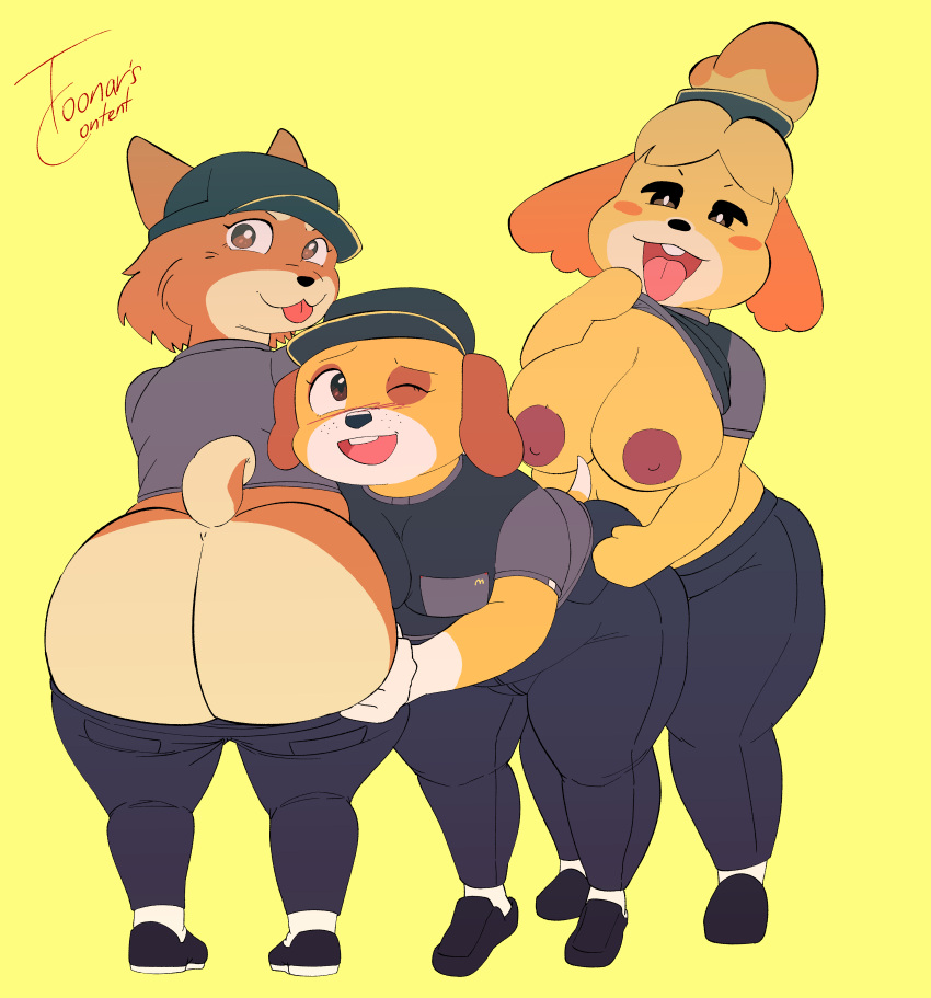 absurd_res animal_crossing anthro big_breasts big_butt breasts butt canid canine canis doge dogelore domestic_dog fast_food_employee fast_food_uniform group hi_res isabelle_(animal_crossing) mammal martha_lorraine martha_speaks mcdonald's meme nintendo shiba_inu smile smiley_face spitz thick_thighs toonarscontent trio wide_hips