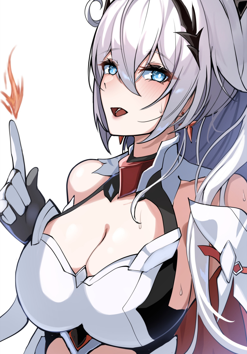 1girl :d absurdres armor bare_shoulders blue_eyes blush breasts cleavage cowlick cross cross_earrings detached_sleeves earrings finger-tip_fire fire gloves godcastlenoa hair_between_eyes hair_ornament hand_up highres honkai_(series) honkai_impact_3rd huge_breasts index_finger_raised jewelry kiana_kaslana kiana_kaslana_(herrscher_of_flamescion) long_hair long_sleeves looking_at_viewer open_mouth shirt sidelocks simple_background sleeveless sleeveless_shirt smile solo sweat upper_body white_background white_gloves white_hair