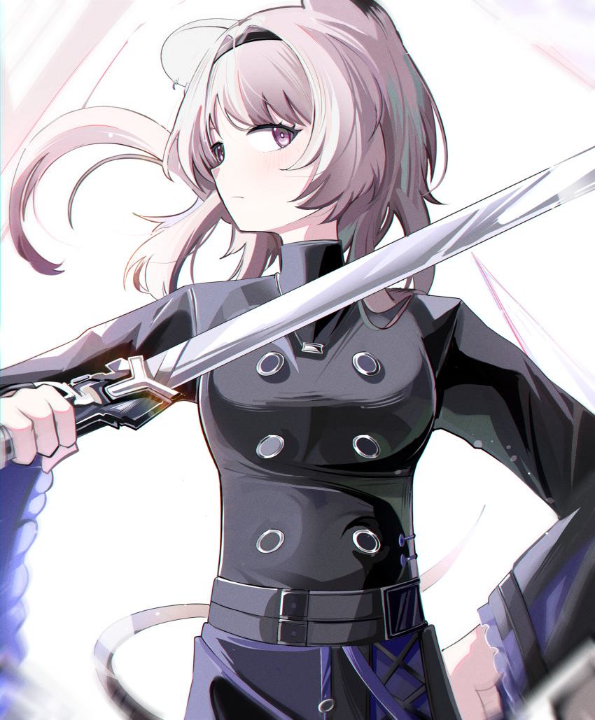 1girl absurdres animal_ears arknights black_hairband black_jacket breasts closed_mouth floating_hair hairband hand_on_own_hip highres holding holding_sword holding_weapon jacket lin_(arknights) long_hair long_sleeves pink_hair purple_eyes small_breasts solo spam_(spamham4506) sword weapon white_background wide_sleeves