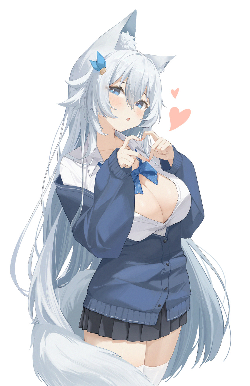 1girl absurdres animal_ear_fluff animal_ears blue_eyes breasts cleavage hair_ornament heart heart_hands highres large_breasts long_hair looking_at_viewer midori_xu miniskirt off_shoulder open_mouth original pleated_skirt simple_background skirt solo tail thighhighs white_background white_hair white_thighhighs