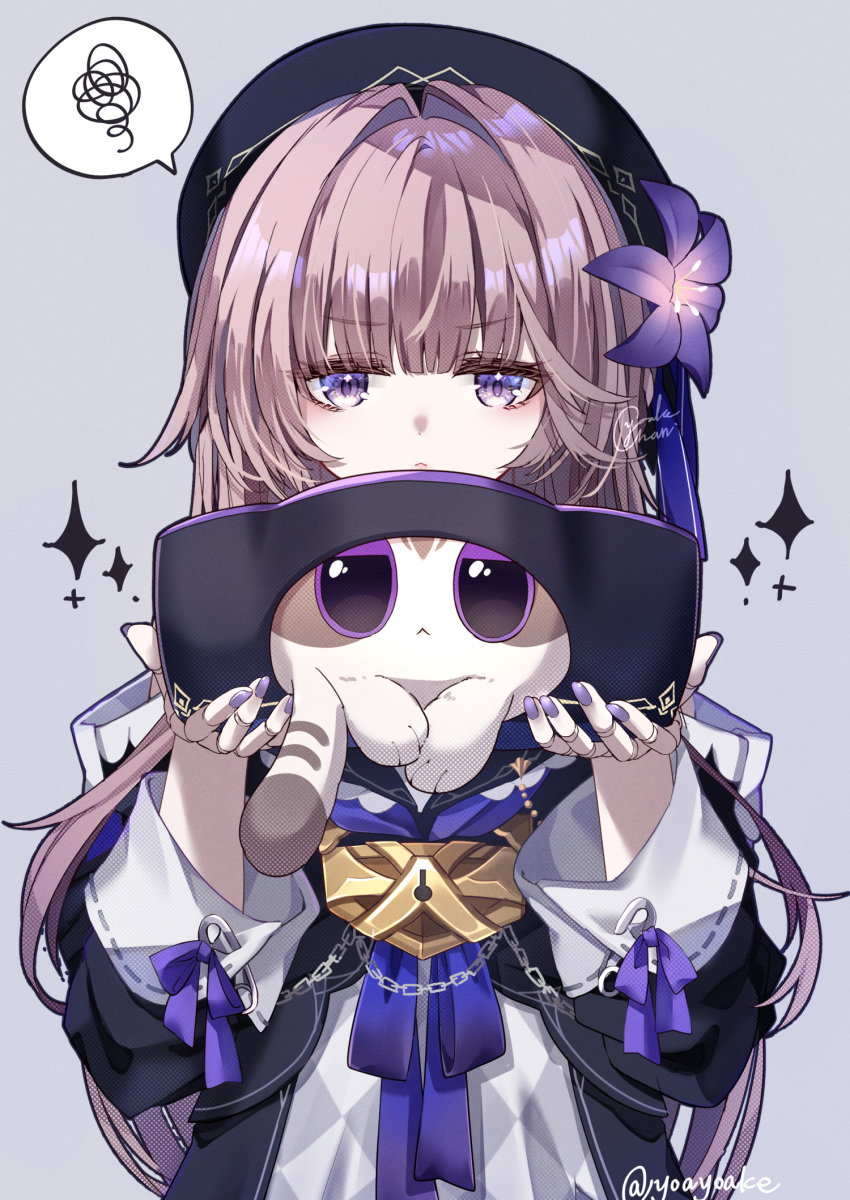 1girl :&lt; animal beret black_headwear chain critter_pick_(honkai:_star_rail) dress fingernails flower grey_hair hair_flower hair_intakes hair_ornament hands_up hat herta_(honkai:_star_rail) herta_(wisteria_cake)_(honkai:_star_rail) highres holding holding_animal honkai:_star_rail honkai_(series) lock long_fingernails long_hair nail_polish padlock purple_eyes purple_nails purple_ribbon ribbon sign solo sparkling_aura spoken_squiggle squiggle twitter_username upper_body yoake