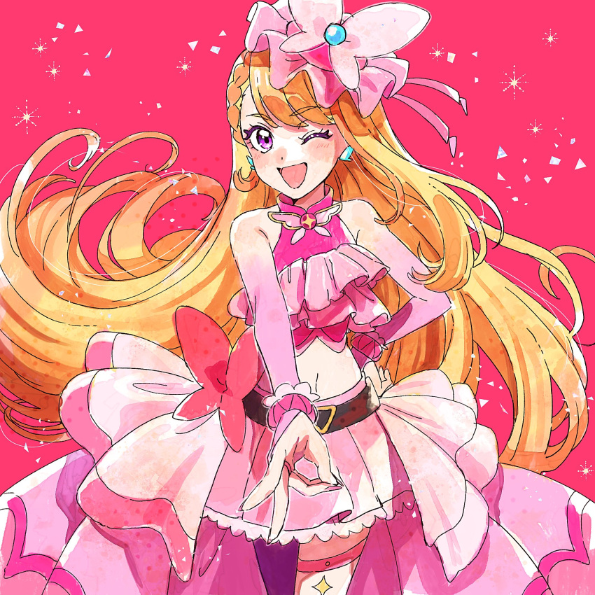 1girl belt_bow blonde_hair bow_skirt braid braided_bangs brooch butterfly_earrings butterfly_hat butterfly_hat_ornament cowboy_shot crop_top cure_butterfly earrings hat_ornament highres hirogaru_sky!_precure jewelry long_hair looking_at_viewer magical_girl midriff navel one_eye_closed open_mouth pantyhose pink_background pink_headwear pink_skirt precure purple_eyes purple_pantyhose single_leg_pantyhose skirt smile solo very_long_hair wing_brooch yufu_kyouko