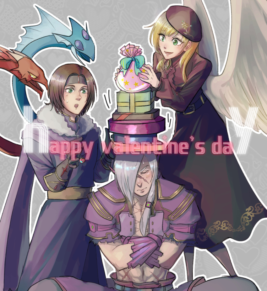 1girl 2boys arumat_p._thanatos ashton_anchors blonde_hair box brown_hair closed_eyes closed_mouth dragon dress eris_jerand gift gift_box gloves green_eyes happy_valentine hat highres long_hair multiple_boys open_mouth pointy_ears scar simple_background skirt smile star_ocean star_ocean_anamnesis star_ocean_the_last_hope star_ocean_the_second_story valentine white_hair wings yaegiri