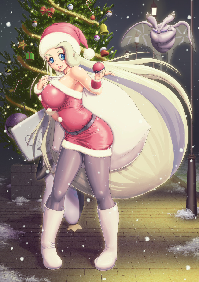 1girl absurdres alternate_costume bag bare_arms bare_shoulders belt big_hair bird black_belt blonde_hair blue_eyes blue_pantyhose breasts bug christmas_tree dress eiscue eiscue_(ice) frosmoth fur-trimmed_dress fur_trim hat highres holding holding_bag holding_poke_ball large_breasts long_hair mature_female melony_(pokemon) moth multicolored_hair pantyhose penguin poke_ball poke_ball_(basic) pokemon pokemon_(creature) pokemon_swsh red_dress red_headwear red_wristband santa_costume santa_dress santa_hat shibakarisena short_dress snowing strapless strapless_dress streaked_hair very_long_hair