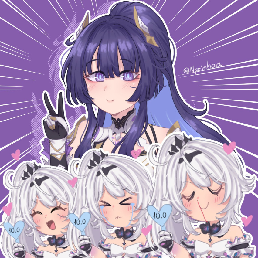 &gt;_&lt; 2girls :d ^_^ ahoge armor black_headwear blood closed_eyes closed_mouth colored_inner_hair crown crying english_commentary eyeliner heart high_ponytail highres holding honkai_(series) honkai_impact_3rd kiana_kaslana kiana_kaslana_(herrscher_of_finality) makeup multicolored_hair multiple_girls nosebleed npzinhaa open_mouth purple_background raiden_mei raiden_mei_(herrscher_of_origin) red_eyeliner simple_background smile twitter_username v white_armor