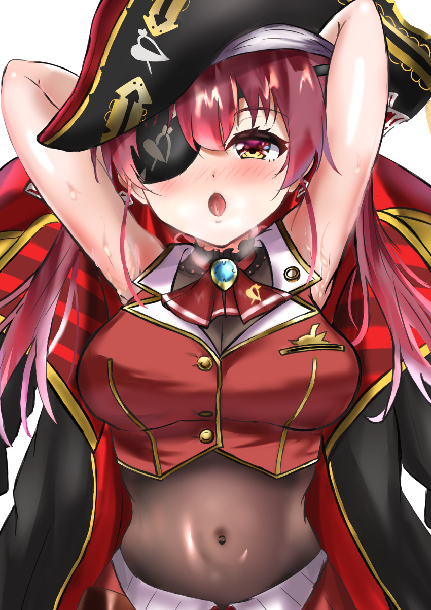 1girl absurdres armpits arrow_through_heart bare_shoulders bicorne black_coat blush bow bowtie breasts brooch cleavage coat covered_navel cropped_jacket eyepatch hat highres hololive houshou_marine houshou_marine_(1st_costume) jacket jewelry lapel_pin large_breasts leotard long_hair looking_at_viewer navel one_eye_covered open_mouth pirate_hat presenting_armpit print_eyepatch red_bow red_bowtie red_eyes red_hair red_jacket see-through see-through_leotard skirt sleeveless sleeveless_jacket solo sweat taji_(0otjvdaomwqtqbx) twintails virtual_youtuber