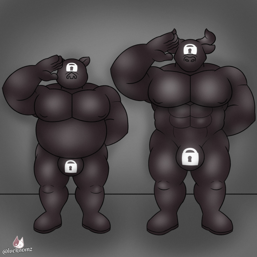anthro barazoku bovid bovine cattle clothing corruption duo gesture gouryou gyumao hi_res horn hypnosis latex latex_clothing latex_suit lifewonders lucknomz male male/male mammal mask mind_control muscular muscular_male null_bulge overweight overweight_male pecs salute suina tokyo_afterschool_summoners