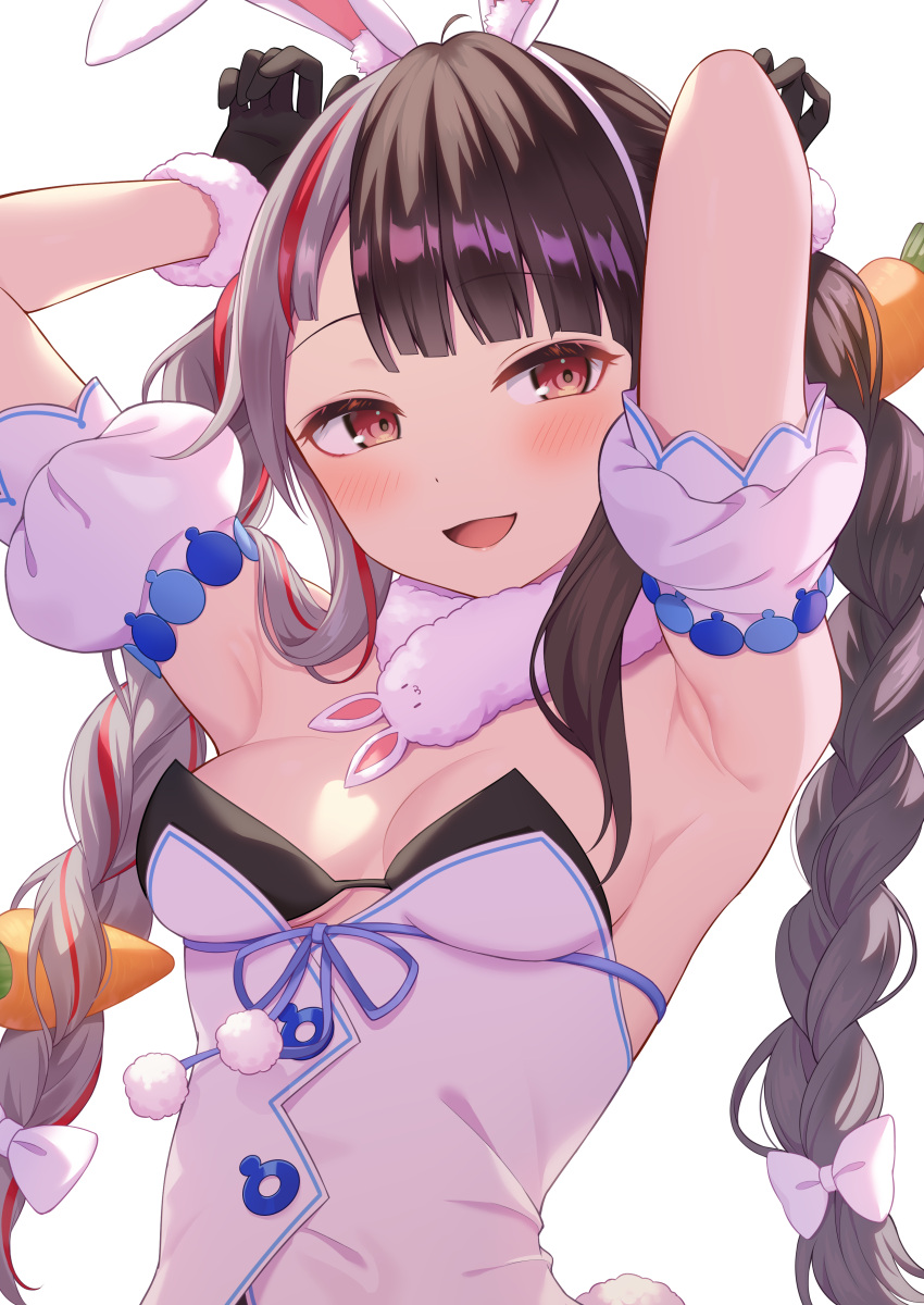 1girl absurdres animal_ear_fluff animal_ears arm_cuffs armpits arms_behind_head black_bra black_gloves blush bra braid breasts brown_hair carrot_hair_ornament coat coat_dress cosplay costume_switch detached_sleeves don-chan_(usada_pekora) fake_animal_ears fake_tail food-themed_hair_ornament fur_scarf gloves grey_hair hair_ornament highres hololive long_hair looking_at_viewer medium_breasts multicolored_hair nijisanji open_mouth paw_pose pom_pom_(clothes) puffy_detached_sleeves puffy_sleeves rabbit_ears red_eyes red_hair scarf simple_background smile solo split-color_hair strapless strapless_bra streaked_hair tail twin_braids two-tone_hair underwear usada_pekora usada_pekora_(1st_costume) usada_pekora_(cosplay) very_long_hair virtual_youtuber white_background white_coat white_scarf yorumi_rena yuusa