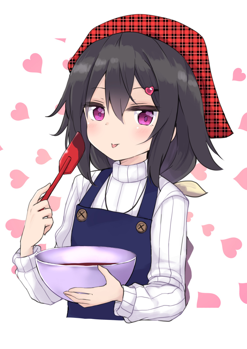 1girl absurdres amano_kouki apron black_hair blue_apron blush chocolate commentary_request cropped_torso hair_between_eyes hair_ornament hairclip head_scarf heart heart_background heart_hair_ornament highres holding long_hair long_sleeves looking_at_viewer mixing_bowl note-chan original plaid puffy_long_sleeves puffy_sleeves purple_eyes ribbed_sweater simple_background solo spatula sweater turtleneck turtleneck_sweater unmoving_pattern upper_body white_background white_sweater