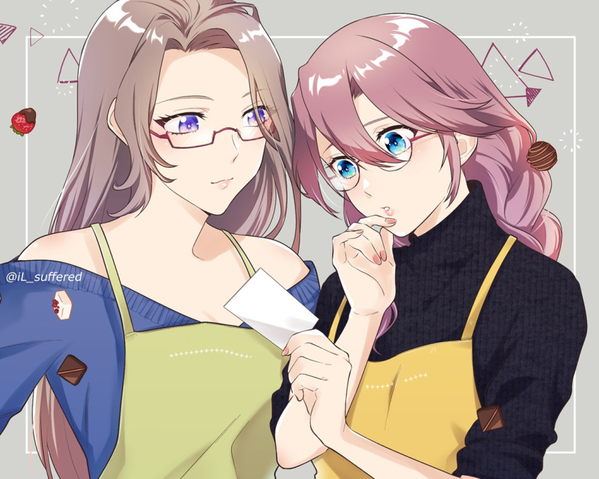 2girls apron blue_eyes border braid braided_ponytail brown_hair cake card chocolate curtained_hair double-parted_bangs eiyuu_densetsu emma_millstein food fruit glasses hair_between_eyes holding holding_card il_(il_suffered) multiple_girls nail_polish pink_hair purple_eyes sen_no_kiseki strawberry sweater upper_body vita_clotilde white_border