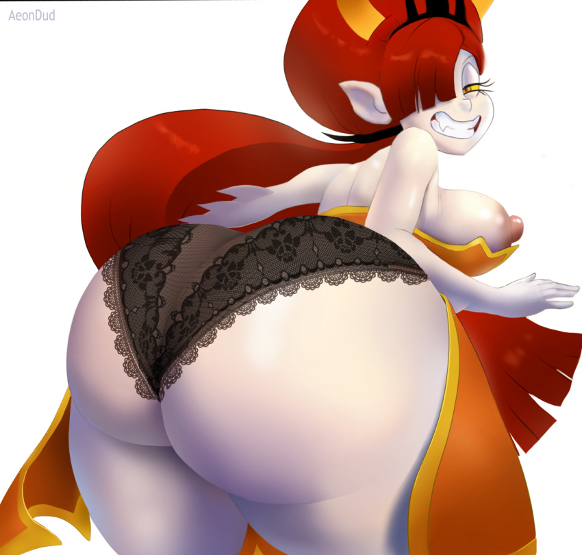 aeondud areola big_breasts big_butt black_clothing black_panties black_underwear breasts butt clothing crown disney dress eyelashes female hair hair_over_eye headgear hekapoo horn horned_humanoid huge_butt humanoid humanoid_pointy_ears long_hair looking_at_viewer looking_back looking_back_at_viewer narrowed_eyes nipple_slip nipples one_eye_obstructed orange_clothing orange_dress orange_eyes orange_horn panties pink_areola pink_nipples rear_view red_hair simple_background smile solo star_vs._the_forces_of_evil thick_thighs underwear white_background white_body wide_hips yellow_sclera