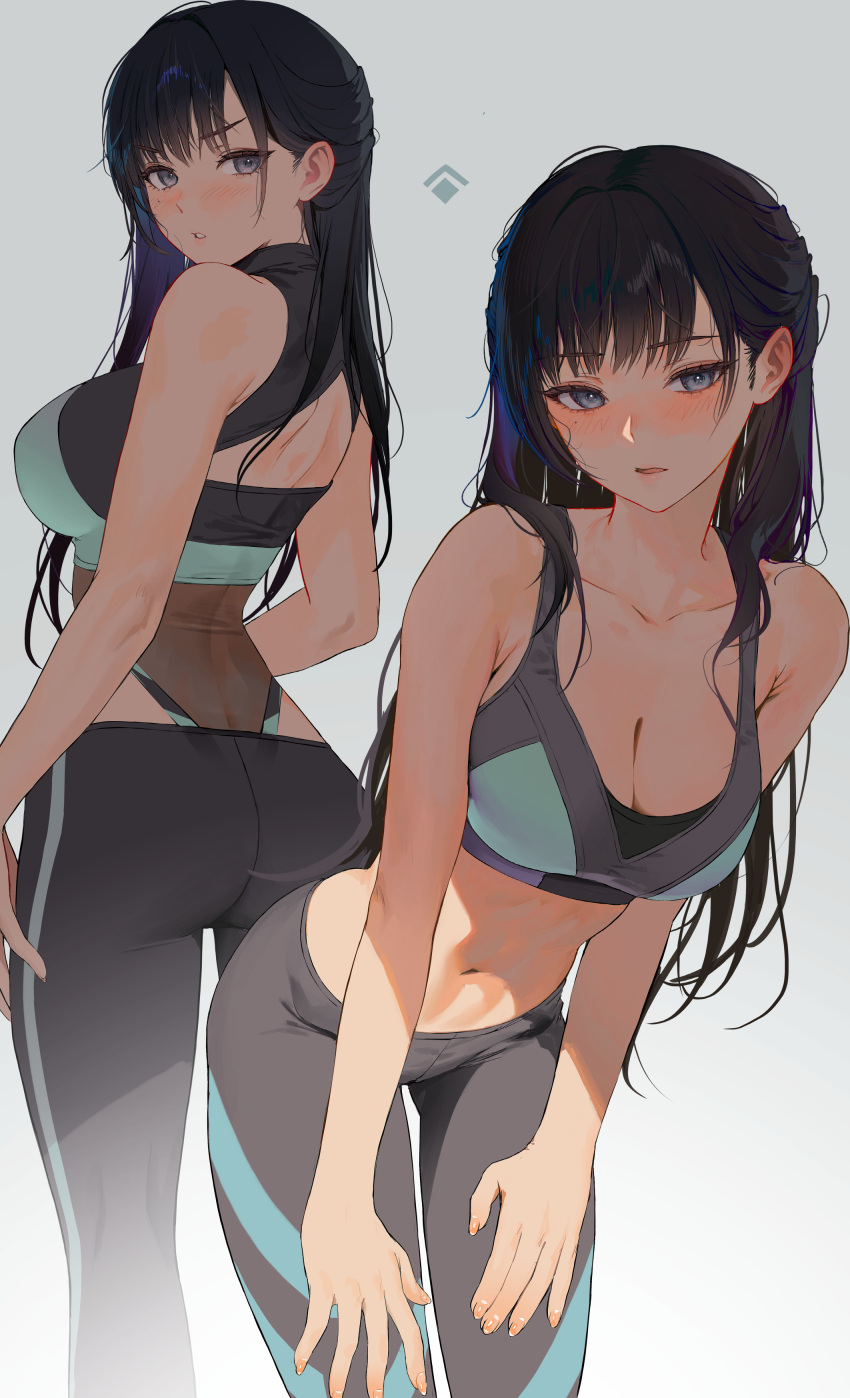 1girl absurdres black_hair blush breasts cleavage collarbone commentary_request ear_blush feet_out_of_frame fingernails half_updo highres leaning_forward leotard looking_at_viewer looking_back medium_breasts mole mole_under_eye multiple_views myabit navel original see-through see-through_leotard simple_background sports_bra stomach two-tone_sports_bra two-tone_vest