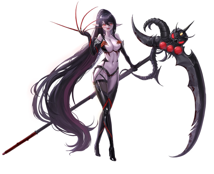 1girl absurdly_long_hair absurdres black_hair boots breasts colored_skin crossed_legs demon demon_girl dungeon_and_fighter elbow_gloves fangs fingernails full_body garter_straps gloves high_heel_boots high_heels highres holding holding_scythe large_breasts long_fingernails long_hair looking_at_viewer navel pointy_ears ponytail purple_skin red_eyes revealing_clothes scythe semicolon9991 sharp_fingernails solo standing thigh_boots tongue tongue_out very_long_hair watson_cross white_background