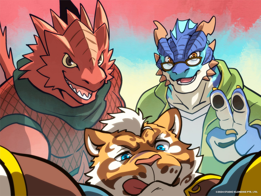 3boys :q abs animal_ears bara blue_eyes brown_eyes chinese_new_year claws company_name dated dragon_boy dragon_horns english_commentary fruitz_(fruitzjam) furry furry_male glasses highres horns lin_hu_(nekojishi) looking_at_viewer male_focus multiple_boys nekojishi official_art pawpads pectorals ragoo_(nekojishi) randolph_(nekojishi) second-party_source tiger_boy tiger_ears tiger_stripes tongue tongue_out v yellow_eyes