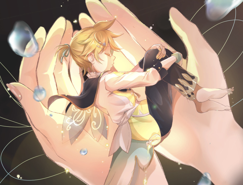 1boy barefoot black_pants blonde_hair bottle brown_background closed_eyes colored_eyelashes cupping_hands dust fairy_wings fetal_position fingernails from_above glass_bottle hair_ornament hairclip highres hugging_own_legs in_palm jacket kagamine_len light_particles long_sleeves lying male_focus mini_person miniboy motion_blur nail_polish on_side out_of_frame own_hands_together pants pink_nails ponytail profile project_sekai shirt size_difference sleeves_past_wrists solo_focus star_(symbol) star_hair_ornament string syokorashimegi tears transparent transparent_wings vocaloid water white_jacket wings yellow_nails yellow_shirt