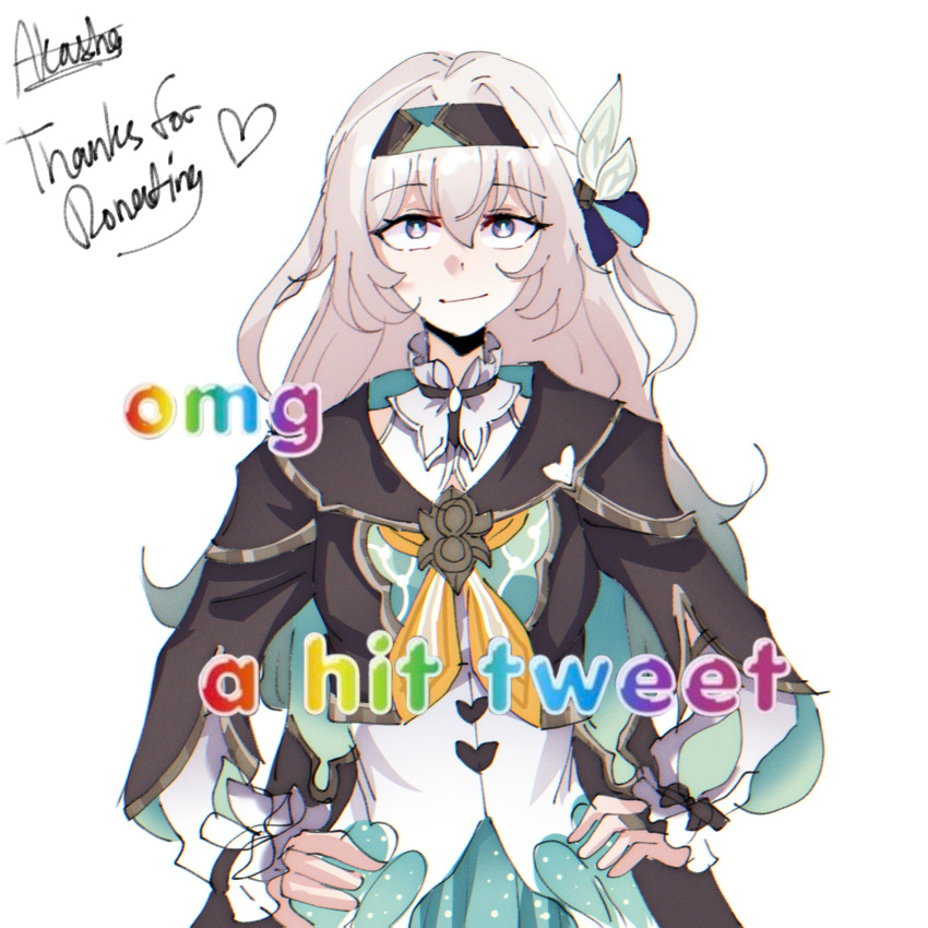 1girl akashicelegy artist_name black_hairband black_jacket blue_eyes blue_jacket blue_ribbon bow closed_mouth collared_shirt cowboy_shot cropped_jacket english_text firefly_(honkai:_star_rail) grey_hair hair_between_eyes hair_bow hair_intakes hair_ribbon hairband hands_on_own_hips heart highres honkai:_star_rail honkai_(series) jacket long_hair long_sleeves looking_at_viewer meme neckerchief omg_a_hit_tweet_(meme) orange_neckerchief rainbow_text ribbon shirt sidelocks simple_background sleeveless sleeveless_shirt smirk solo straight-on thank_you two-sided_fabric two-sided_jacket white_background white_bow white_shirt