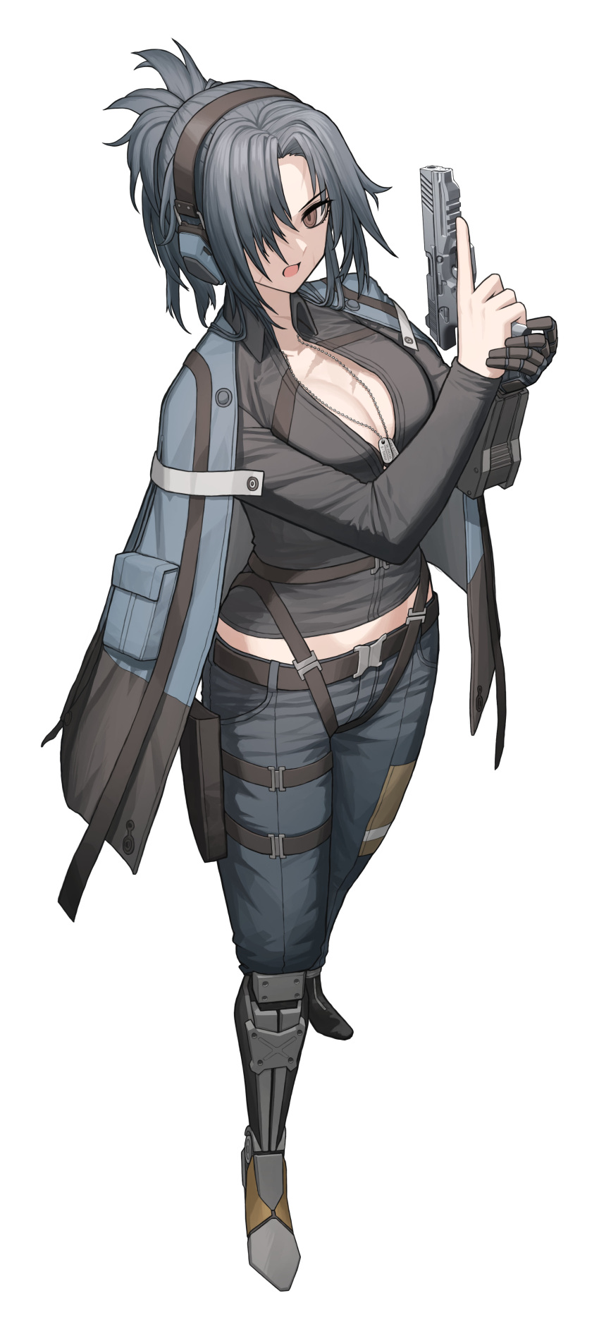 1girl absurdres angelia_(girls'_frontline) belt black_footwear black_shirt blue_cloak blue_pants boots breasts brown_eyes cheogtanbyeong cleavage cloak commission dog_tags ear_protection from_above full_body girls'_frontline gun hair_over_one_eye handgun hands_up highres holding holding_weapon long_sleeves looking_at_viewer mechanical_arms mechanical_legs medium_hair midriff mp443 open_mouth pants ponytail scar scar_on_face shirt single_mechanical_arm single_mechanical_leg solo standing trigger_discipline weapon