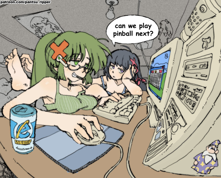 2girls arm_support black_hair breasts character_request desk fisheye green_eyes green_hair grin hair_ornament half-closed_eyes headset highres holding_mouse_(computer) indoors internet_explorer joint_(drug) leg_up medium_breasts monitor mouse_(computer) mousepad_(object) multiple_girls original pantsu-ripper personification perspective purple_eyes semi-rimless_eyewear smile soles toes windows_desktop windows_xp wizard x_hair_ornament