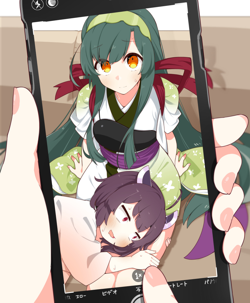 2girls absurdres brown_hair cellphone cellphone_photo constricted_pupils couch drooling feet_out_of_frame female_pervert furrowed_brow gradient_kimono green_hair green_hairband green_kimono hairband headgear highres holding holding_phone hugging_another's_leg japanese_clothes kimono konori_(ahurerukuiizi) lap_pillow long_hair looking_at_viewer mouth_drool multiple_girls muneate nervous_smile on_couch orange_eyes pervert phone pink_kimono pov pov_hands raised_eyebrows red_eyes short_hair siblings sidelocks siscon sisters sitting sleeves_rolled_up smartphone smile sweatdrop taking_picture tasuki thighs touhoku_kiritan touhoku_zunko voiceroid wide-eyed