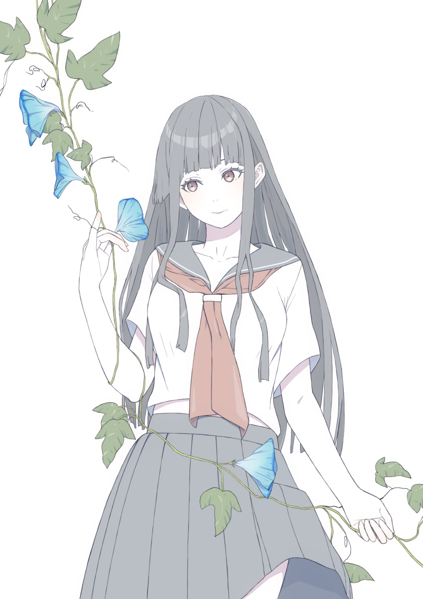 1girl blue_flower blunt_bangs breasts brown_eyes brown_neckerchief closed_mouth colored_skin cowboy_shot flower grey_hair grey_sailor_collar highres hime_cut holding long_hair looking_to_the_side medium_breasts natuich neckerchief original plant pleated_skirt sailor_collar school_uniform serafuku sidelocks simple_background skirt smile solo standing vines white_background white_serafuku white_skin