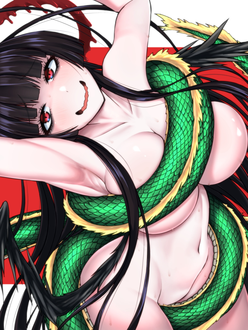 1girl armpits arms_up black_hair blue_archive blush breasts chinese_zodiac collarbone completely_nude convenient_censoring dragon eastern_dragon highres koutarou_(plusdrive) large_breasts long_hair looking_at_viewer navel nude open_mouth presenting_armpit red_eyes smile solo sweat tsurugi_(blue_archive) wavy_mouth wings year_of_the_dragon
