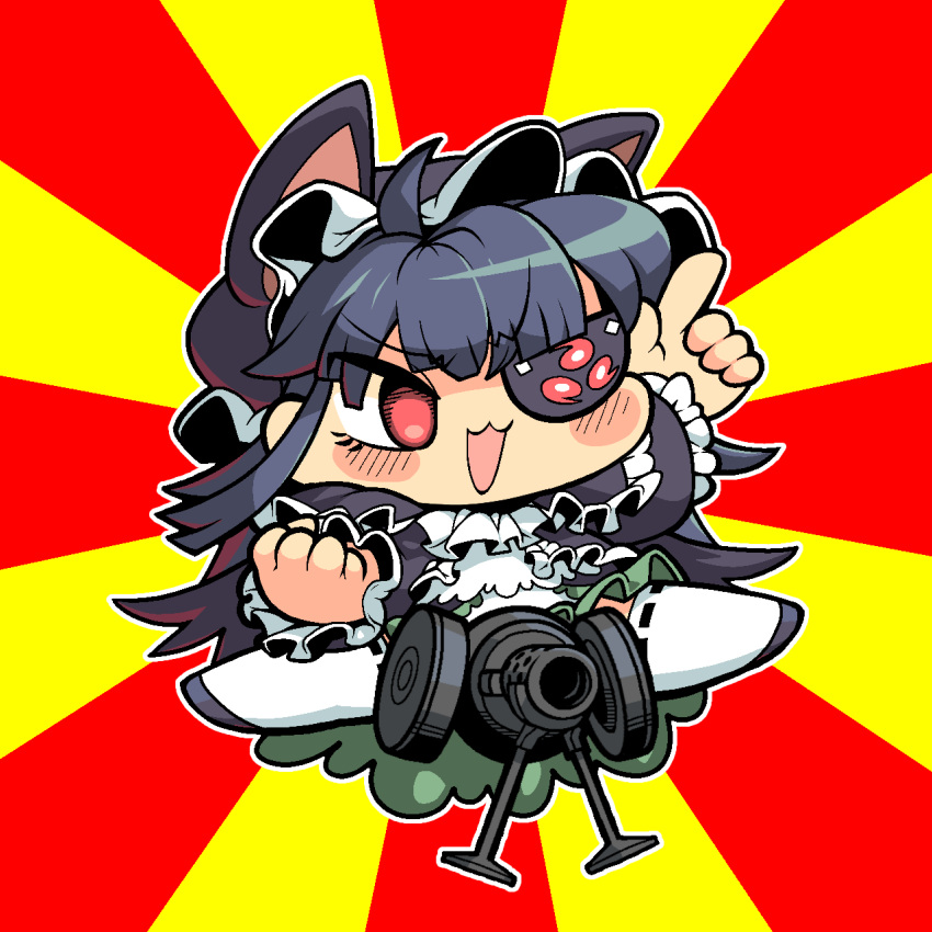 1girl :3 animal_ears ascot black_dress black_hair blush cat_ears chibi clenched_hand commentary_request dress eyepatch full_body gothic_lolita gun headdress highres index_finger_raised jumping lolita_fashion long_hair medium_bangs mirai_(senran_kagura) open_mouth pointing pointing_up red_background red_eyes senran_kagura smile solo sunburst sunburst_background thighhighs tonchamon_san v-shaped_eyebrows weapon white_ascot white_thighhighs yellow_background