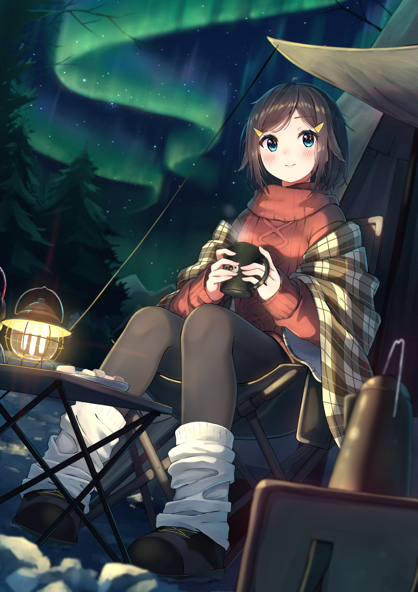 1girl absurdres aran_sweater aurora black_footwear black_hair black_pantyhose blue_eyes blush cable_knit closed_mouth commentary_request cup enuni hair_ornament hairclip highres holding holding_cup lantern loose_socks mug night night_sky on_chair original pantyhose plaid red_sweater ribbed_sweater shoes sitting sky smile snow socks socks_over_pantyhose solo star_(sky) starry_sky sweater swept_bangs table tent tree turtleneck turtleneck_sweater white_socks