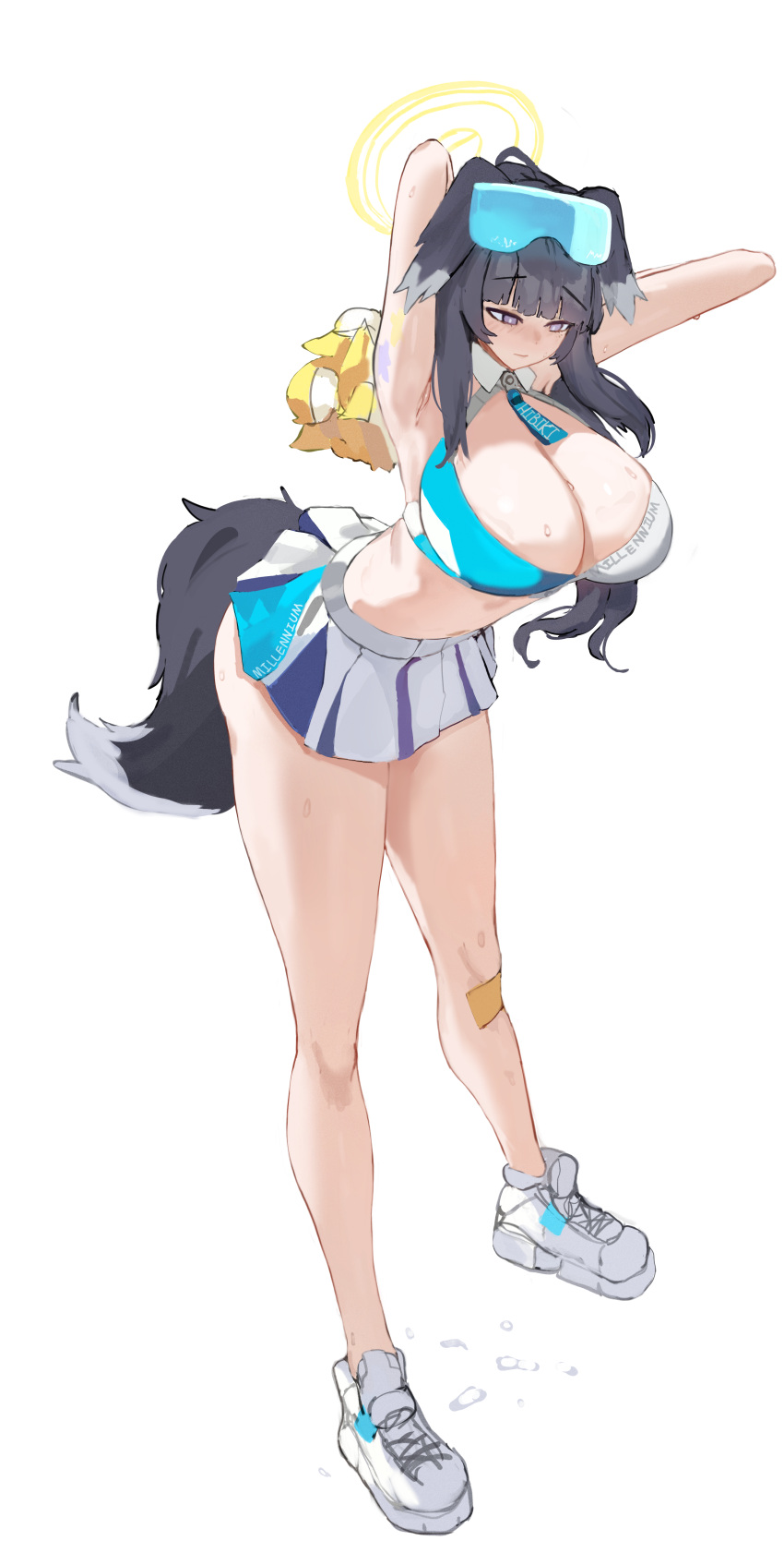 1girl absurdres animal_ears arms_up bandaid bandaid_on_knee bandaid_on_leg black_hair blue_archive blush bodypaint breasts cleavage commentary dog_ears dog_tail full_body goggles goggles_on_head halo hibiki_(blue_archive) hibiki_(cheer_squad)_(blue_archive) highres huge_breasts leaning_forward looking_down miniskirt pom_pom_(cheerleading) shoes simple_background skirt sneakers solo sports_bra stomach sweat tail two-tone_skirt two-tone_sports_bra user_vzkx5785 white_background